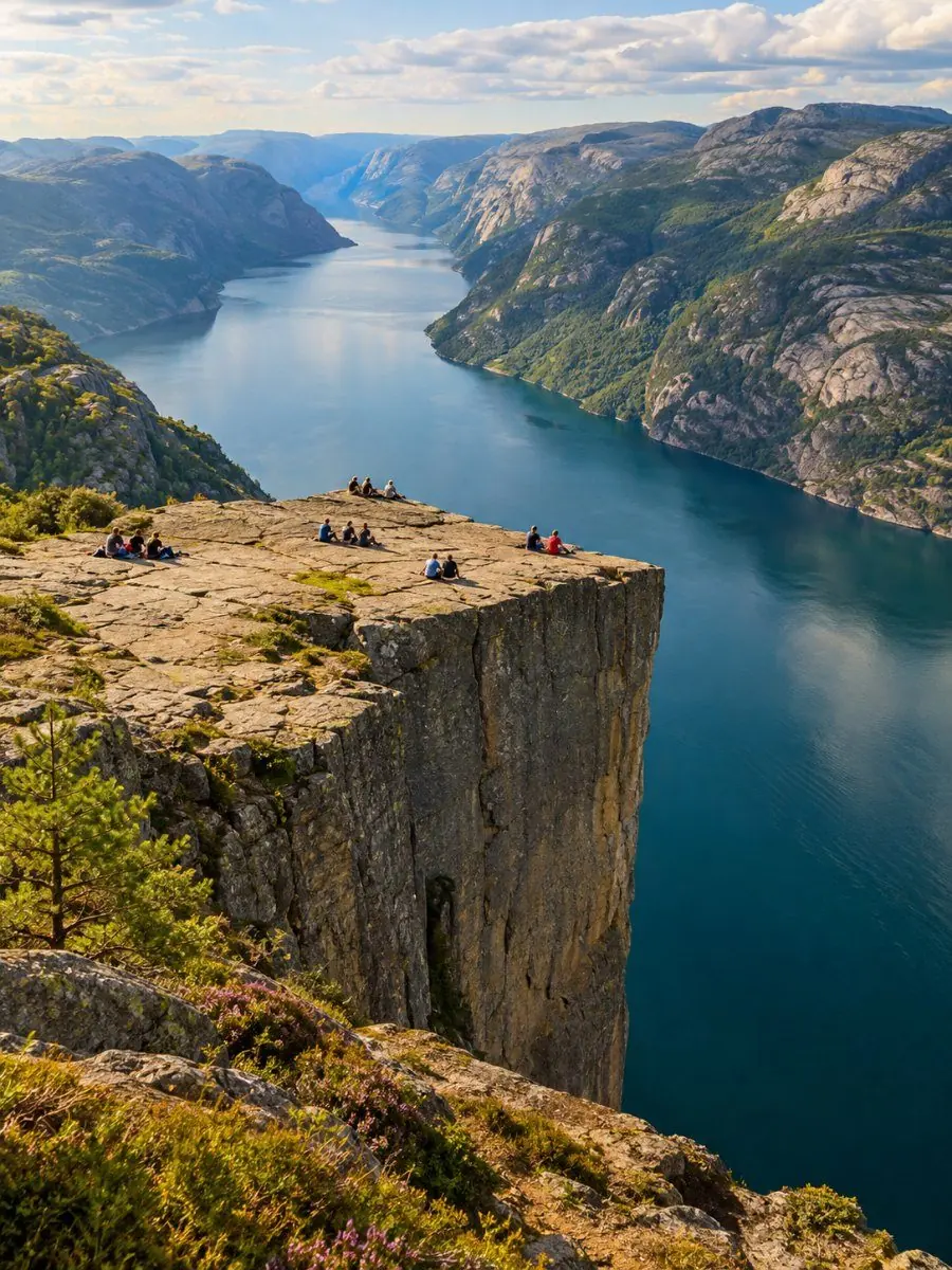 Das flache, quadratische Plateau von Preikestolen, das über den Lysefjord ragt, mit Wanderern, die etwas vom Rand entfernt sitzen